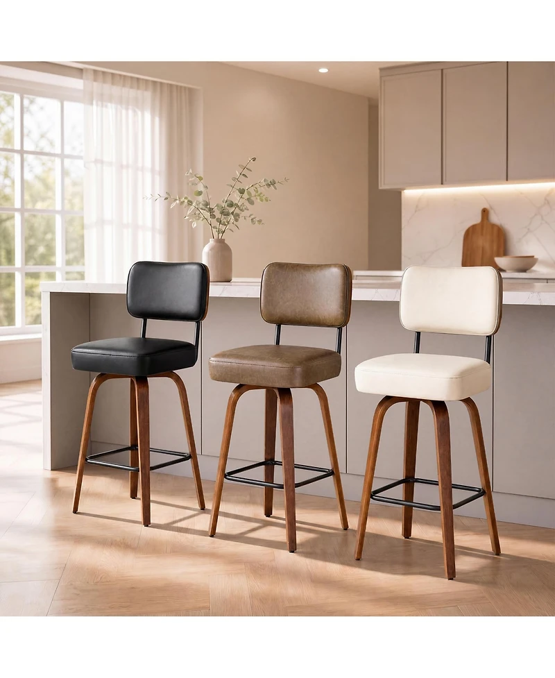 homfan Set of 4 26" Black Faux Leather Swivel Counter Stools with Back and Bentwood Legs
