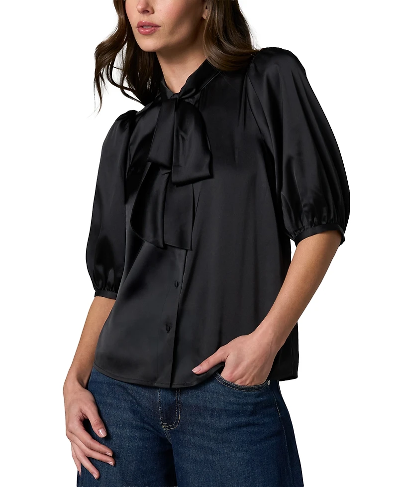 Liverpool Los Angeles Petite Elbow-Length Puff-Sleeve Tie-Neck Satin Blouse