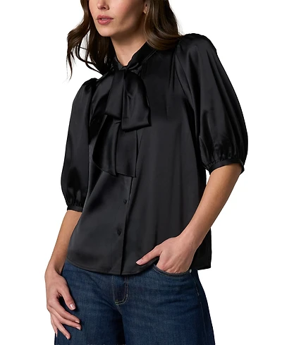 Liverpool Los Angeles Petite Elbow-Length Puff-Sleeve Tie-Neck Satin Blouse