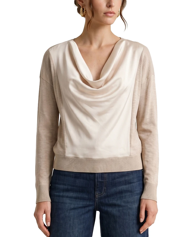 Liverpool Los Angeles Petite Cowl Neck Long-Sleeve Satin Pullover