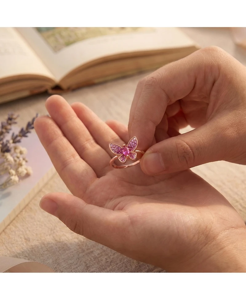 GigiGirl Sterling Silver with 18K Rose Gold Plated Red Cubic Zirconia Small Butterfly Ring