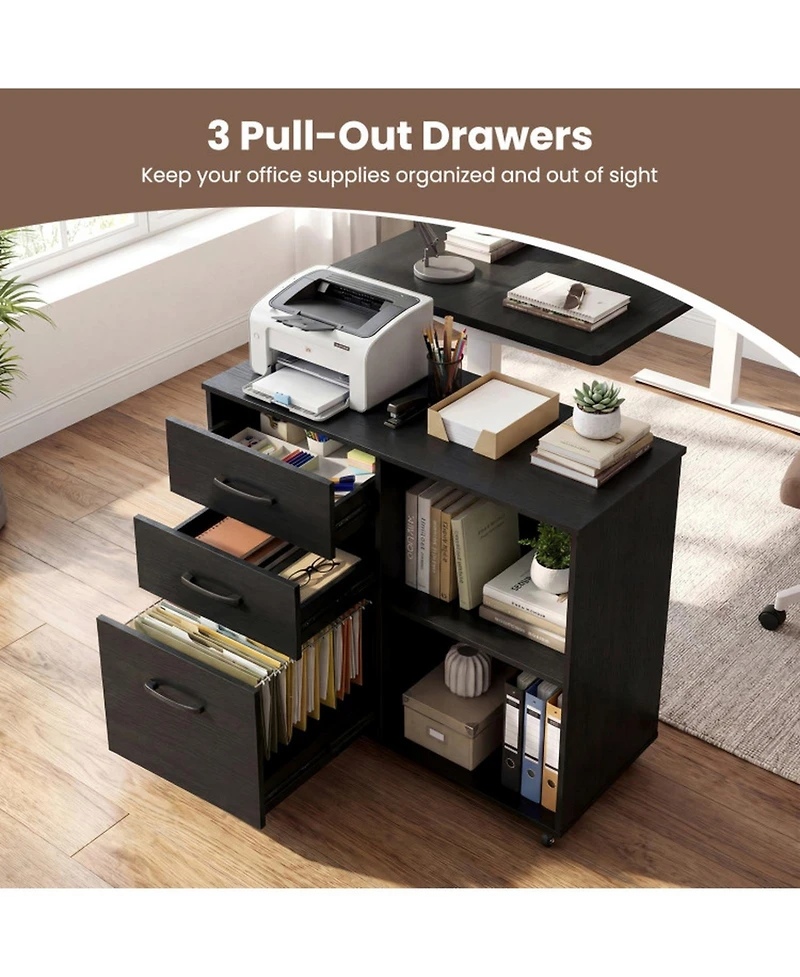 Sugift Mobile 3-Drawer Lateral File Cabinet and Rolling Printer Stand with Open Shelves