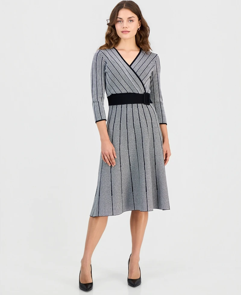 Robbie Bee Women's Surplice Jacquard Belted V-Neck 3/4 Sleeve Fit & Flare Midi Dress