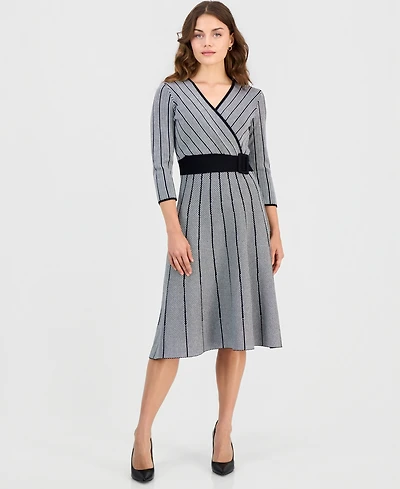 Robbie Bee Women's Surplice Jacquard Belted V-Neck 3/4 Sleeve Fit & Flare Midi Dress