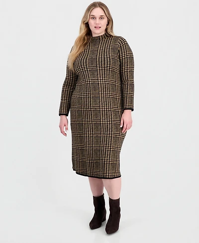 Robbie Bee Plus Size Mock-Neck Long-Sleeve Plaid Sweater Dress