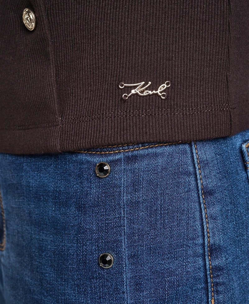 Karl Lagerfeld Paris Petite Ribbed Long-Sleeve Button-Detail Knit Top