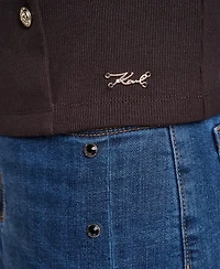 Karl Lagerfeld Paris Petite Ribbed Long-Sleeve Button-Detail Knit Top