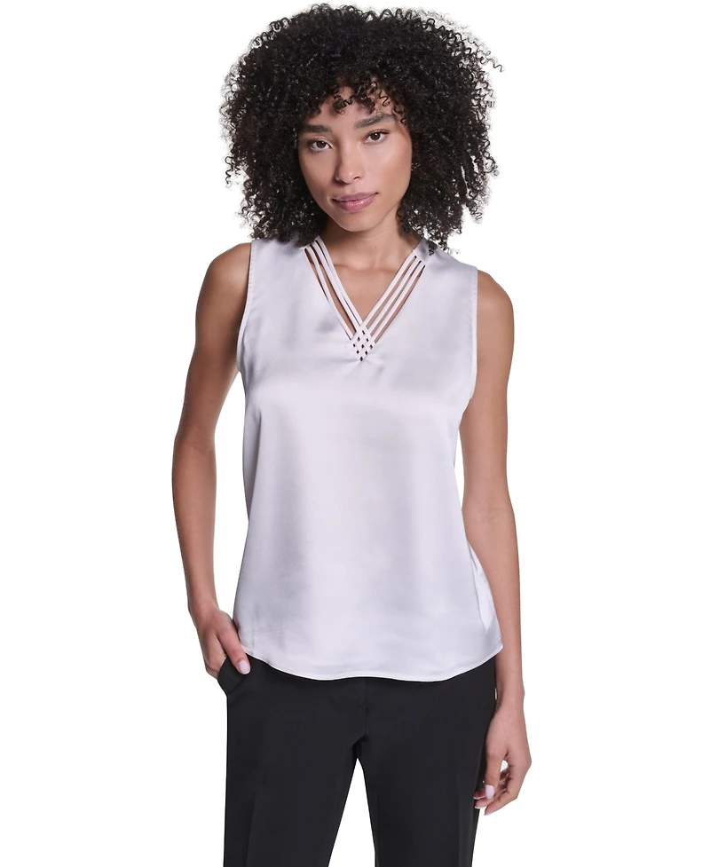 Karl Lagerfeld Paris Women's Satin V-Neck Strappy-Lattice Blouse