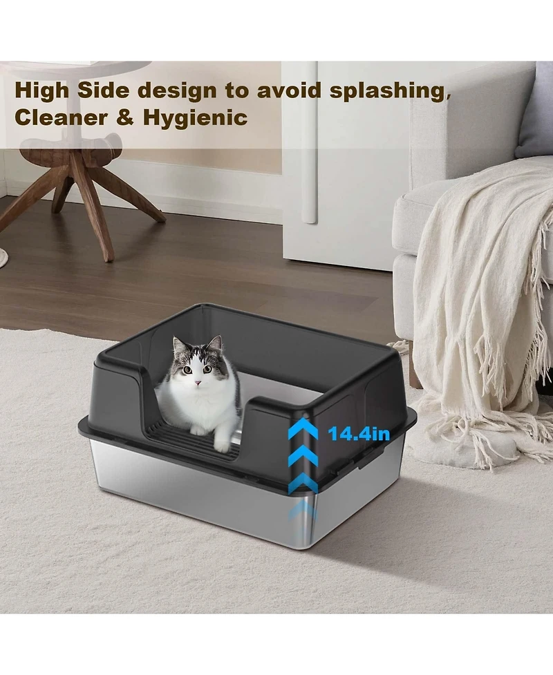 homfan Stainless Steel Litter Box, Extra Large, High Sides, Removable Tray, Non-Slip Mat, Scooper Included, Ideal for Large Cats and Maine Coons