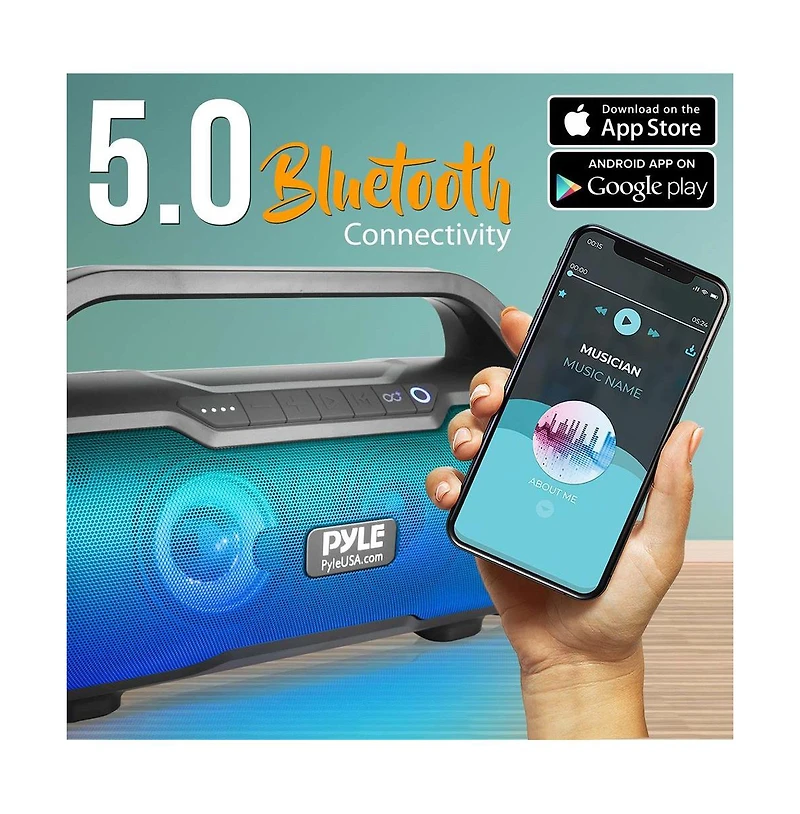 Pyle Portable Bluetooth BoomBox Speaker With Built-in Rgb Lights & Fm Radio, 500 Watt