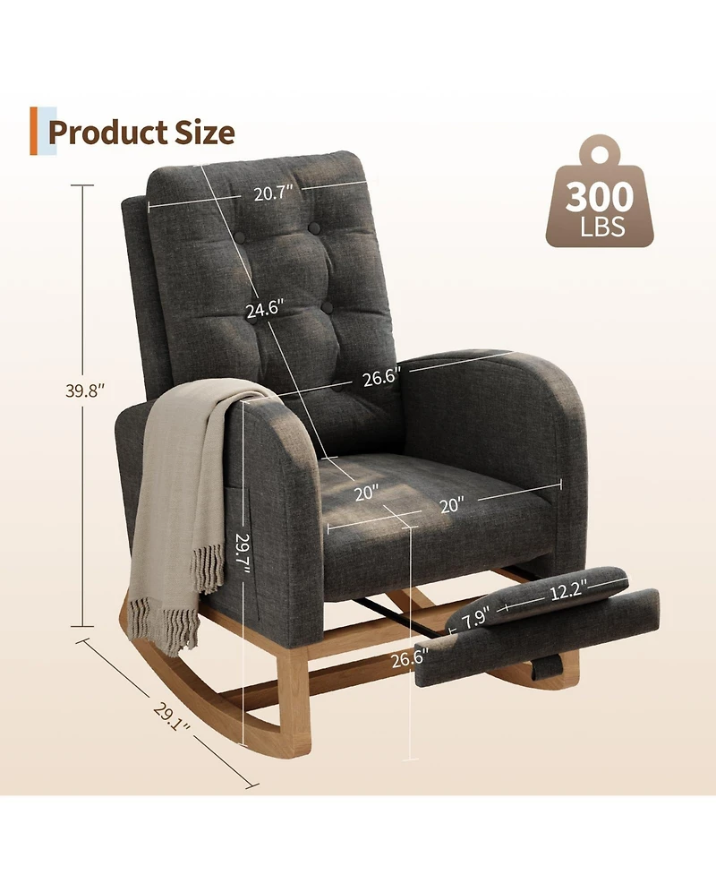 homfan Modern Rocking Chair for Living Room, Comfortable Recliner Rocker with Side Pocket, Soft Linen Upholstered Glider Bedroom, Nursery