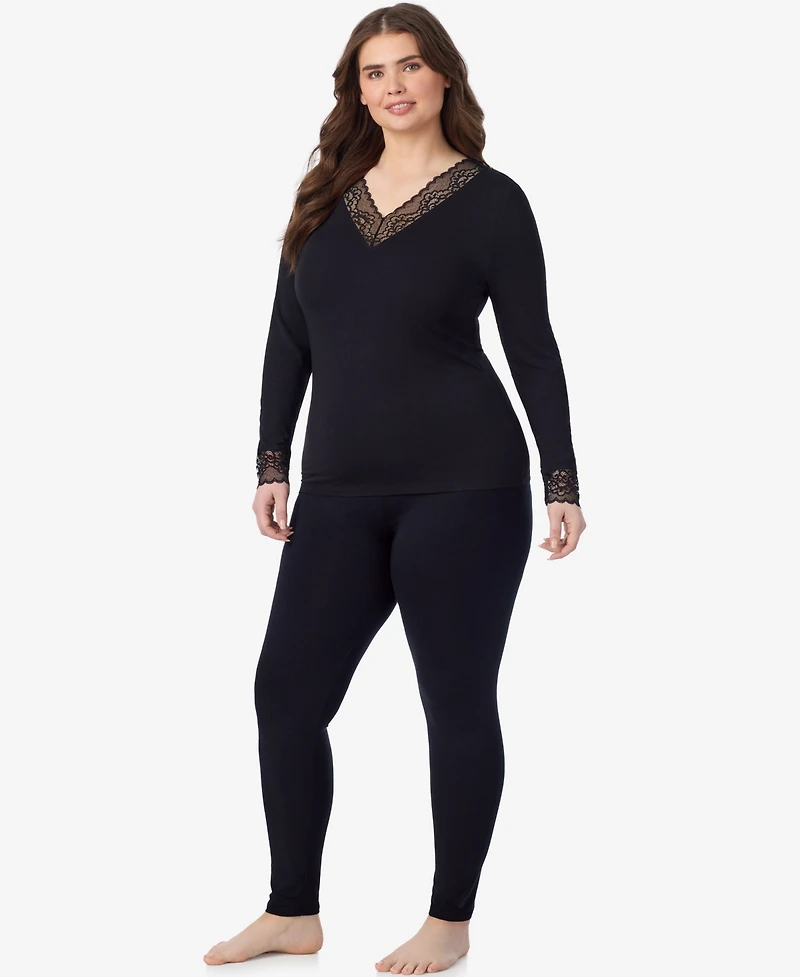 Cuddl Duds Plus Softwear with Stretch Long-Sleeve V-Neck Lace Top