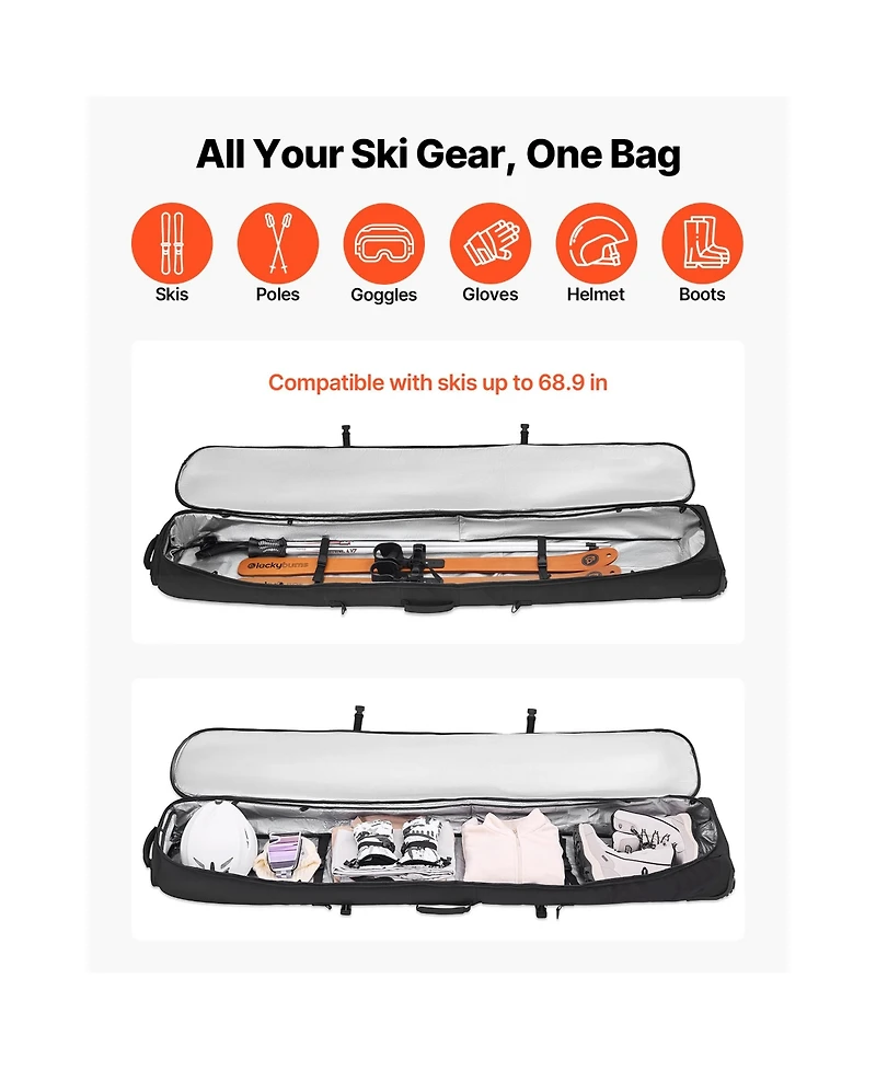 Sugift Padded Ski Roller Bag with Wheels 600D Waterproof for Air Travel