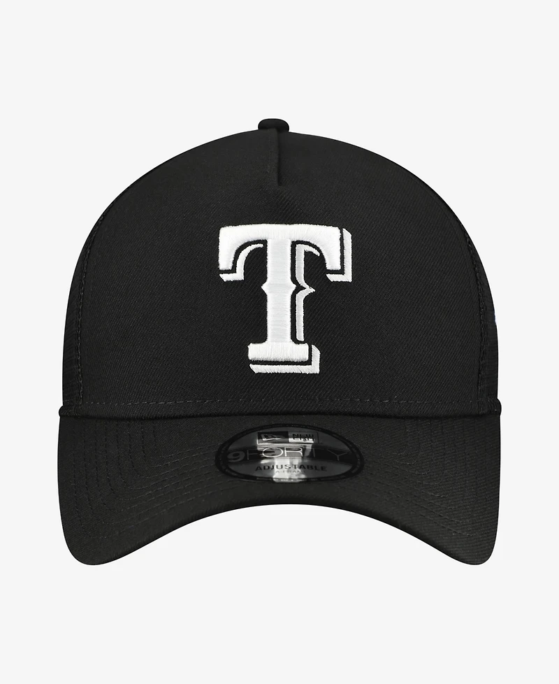New Era Men's Black Texas Rangers Side Script 9FORTY A-Frame Trucker Adjustable Hat