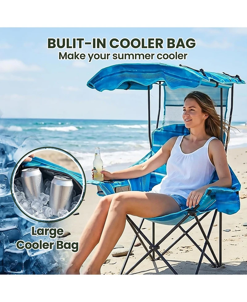 Mooncool Beach Chair with Canopy Shade Portable Folding Camping Cooler Bag and Cup Holder