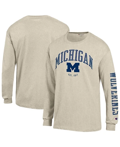 Champion Men's Heather Oatmeal Michigan Wolverines Neutral Arch Long-Sleeve T-Shirt