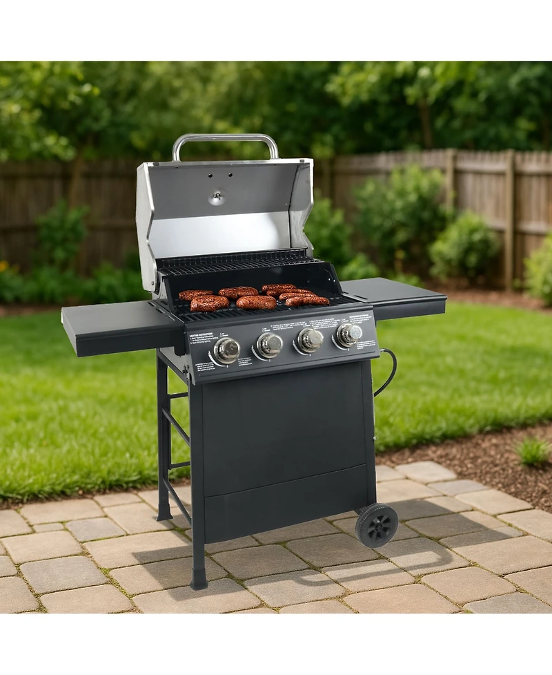 Grill Boss 4-Burner Outdoor Propane Gas Grill with Side Shelves and Wheels, Black