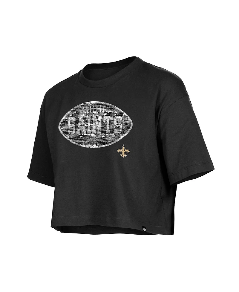 New Era Girl's Black Orleans Saints Flip Sequin Boxy T-Shirt