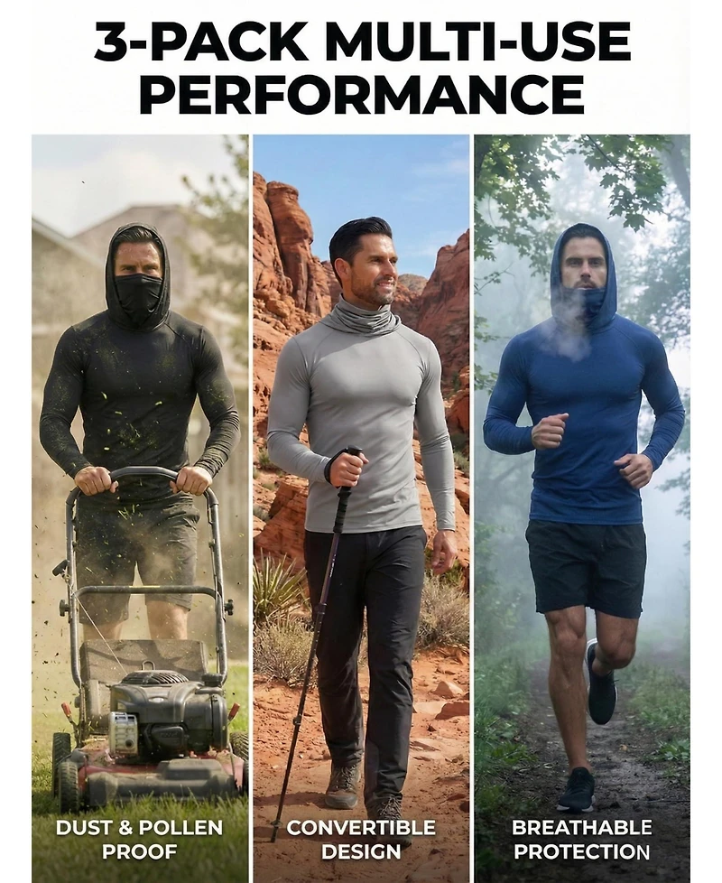 Piscifun 3 Pack Mens Fishing Hooded Face Cover Quick Dry Long Sleeve Performance Tee Outdoor Sports Yard Work