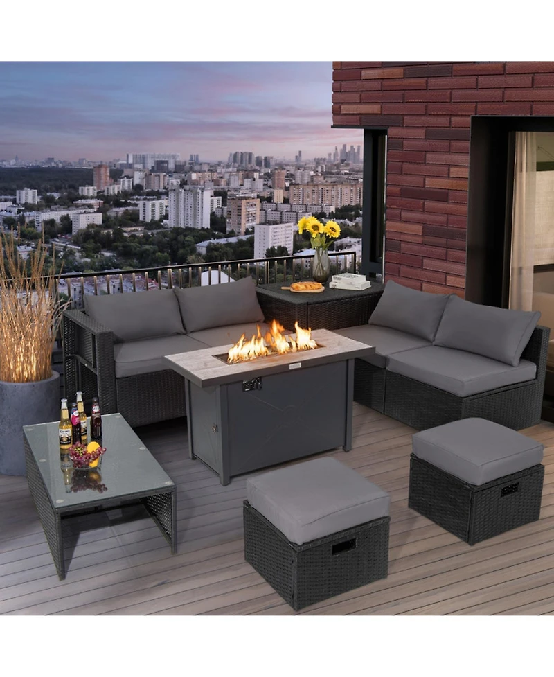 Gouun 9-Piece Outdoor Pe Rattan Patio Sectional Conversation Set with 42 in 60,000 Btu Gas Fire Pit Table