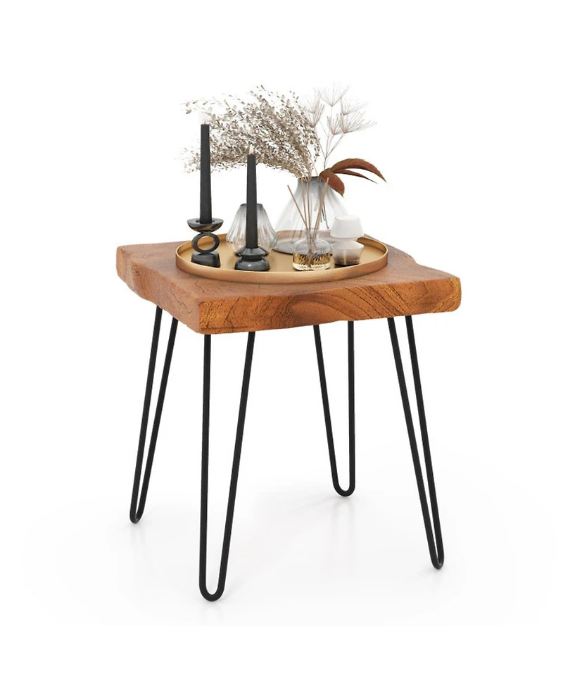 Gouun Square Teak Wood End Table with Metal Legs, 16 x 16 x 18 in