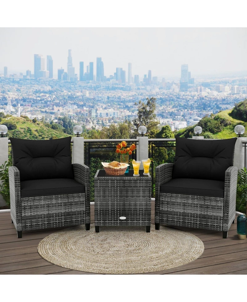 Gouun 3-Piece Outdoor Pe Rattan Conversation Set with Tempered Glass Table
