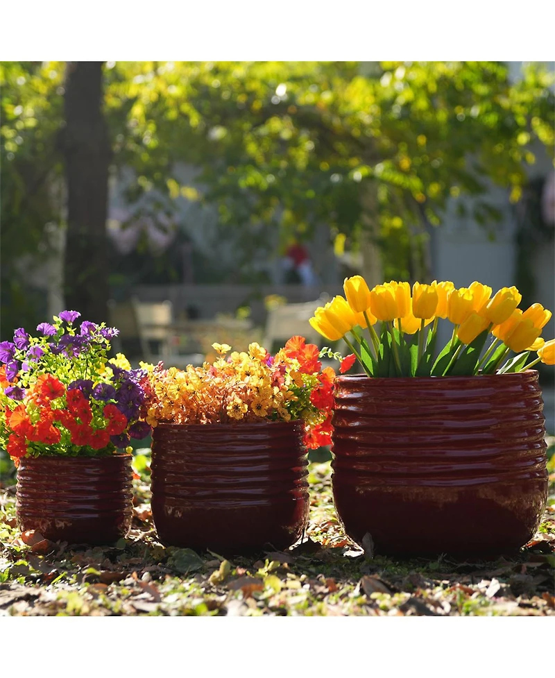 Yobtop Handmade Ceramic Planter Set of 3 - 15/11/8 Inch, Horizontal Groove Pattern, Breathable Clay, Indoor Outdoor Succulent Flower Pots