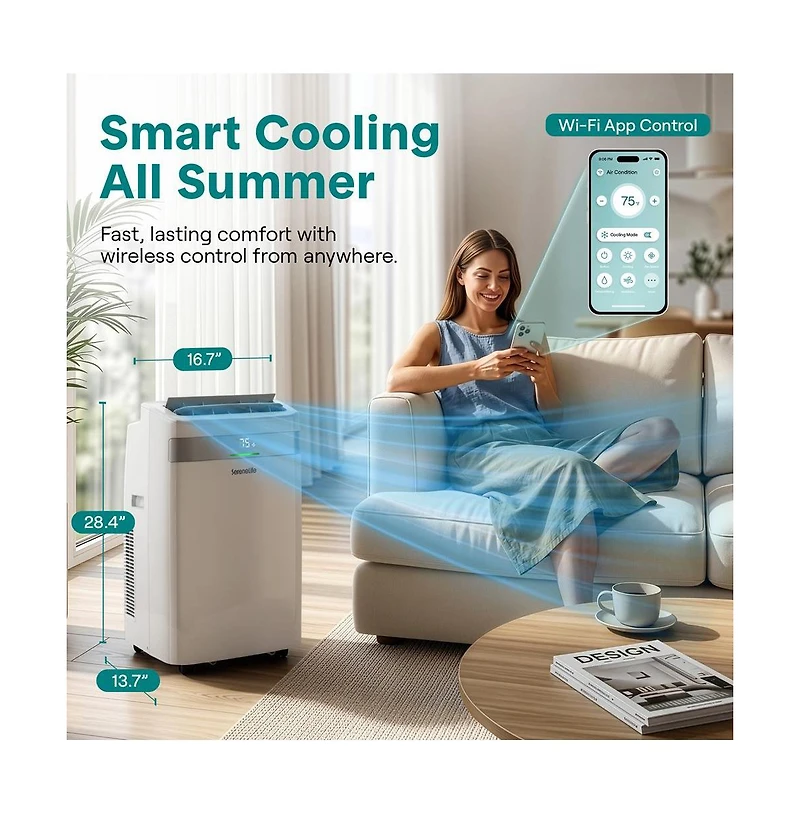 SereneLife 12,000 Btu Portable Ac and Heater with Wi-Fi, Dehumidifier and Fan, Window Kit Included
