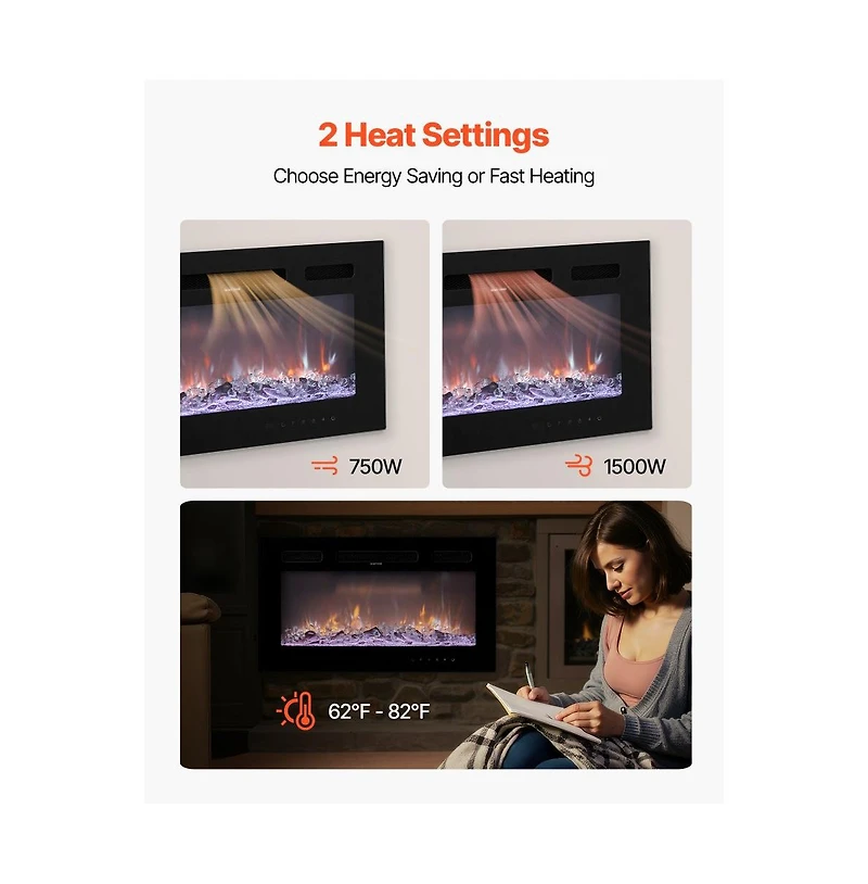 Slickblue 1500W Recessed Wall Electric Fireplace with Touch Control, Remote and Timer