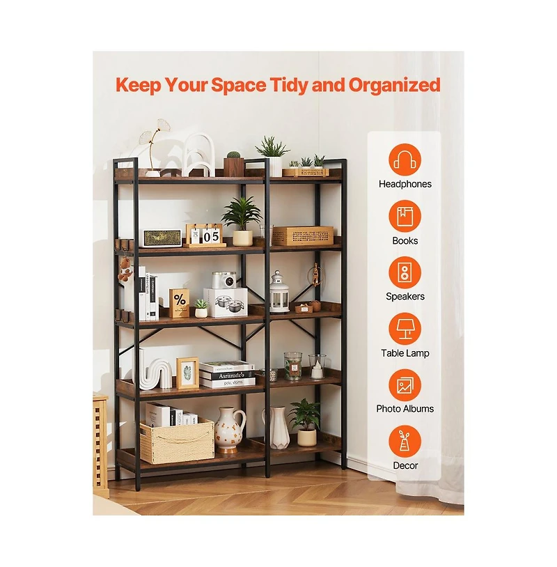 Slickblue L Shaped Corner Bookshelf with Wooden Shelves, 4 Hooks and Heavy Duty Metal Frame