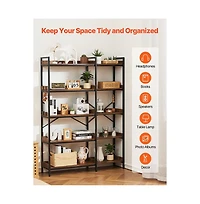 Slickblue L Shaped Corner Bookshelf with Wooden Shelves, 4 Hooks and Heavy Duty Metal Frame