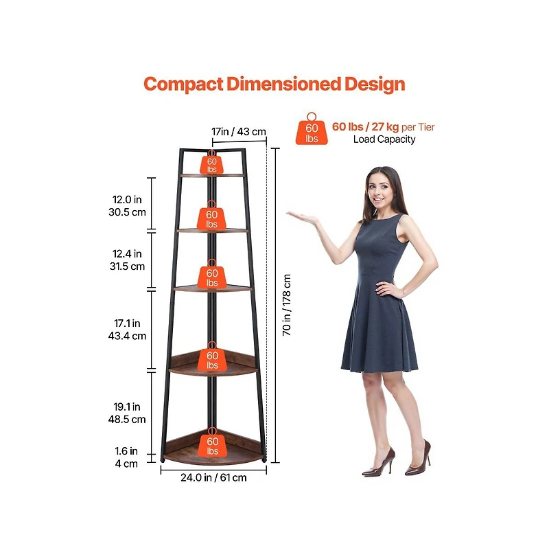 Slickblue Tall 5 Tier Corner Bookshelf with Wooden Shelves, Space Saving Display Shelf for Home