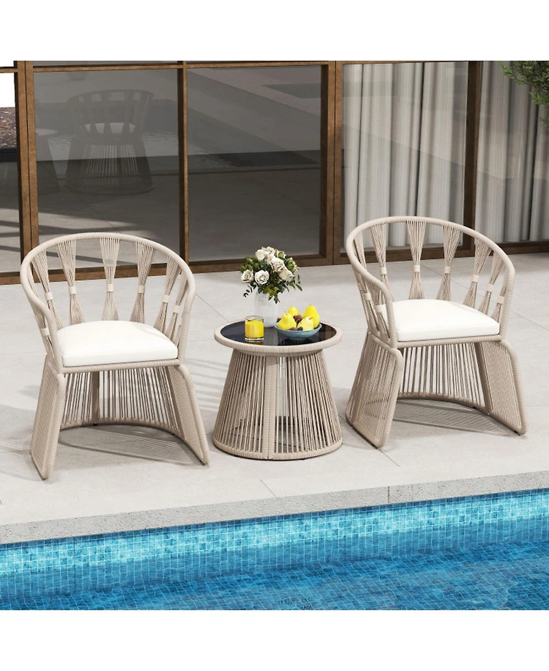 Gouun 3 Piece Outdoor Patio Furniture Set with Rope-Woven Armchairs, Cushions and Round Glass Side Table
