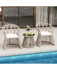 Gouun 3 Piece Outdoor Patio Furniture Set with Rope-Woven Armchairs, Cushions and Round Glass Side Table