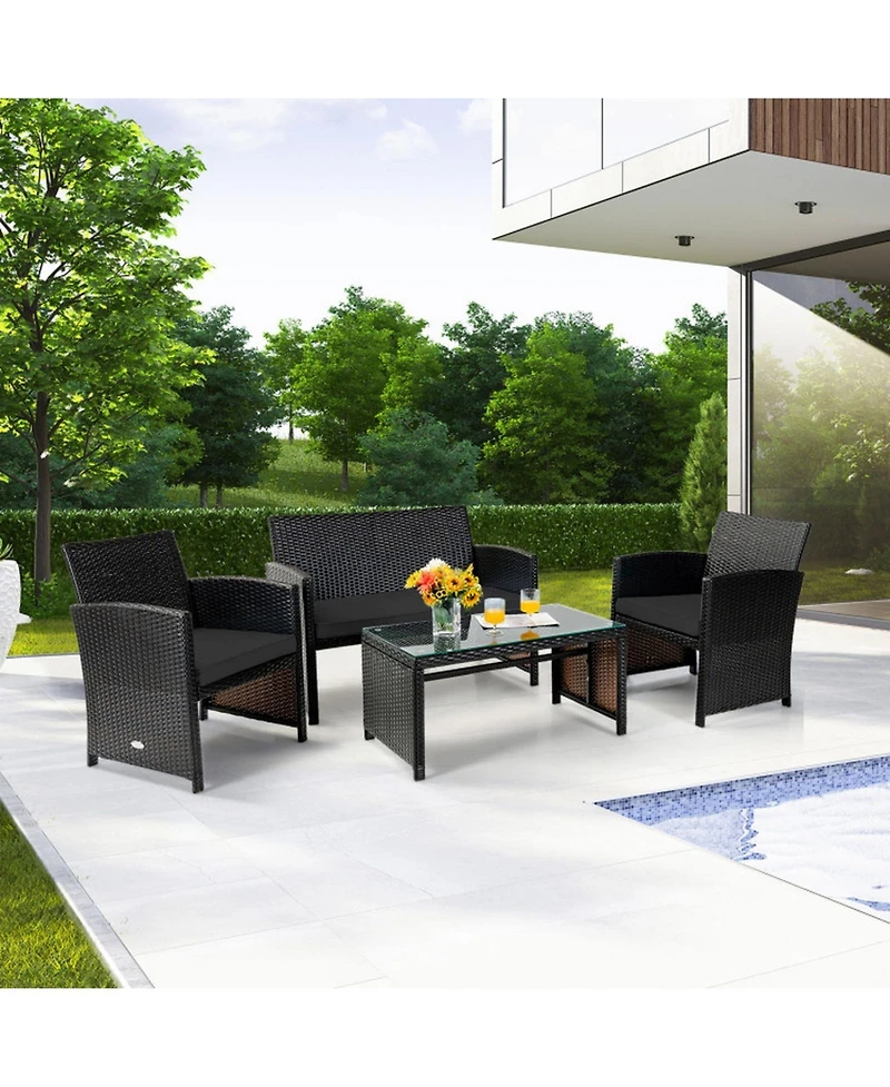 Gouun 4 Piece Outdoor Patio Rattan Furniture Set, Loveseat, 2 Chairs and Glass Coffee Table