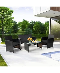 Gouun 4 Piece Outdoor Patio Rattan Furniture Set, Loveseat, 2 Chairs and Glass Coffee Table