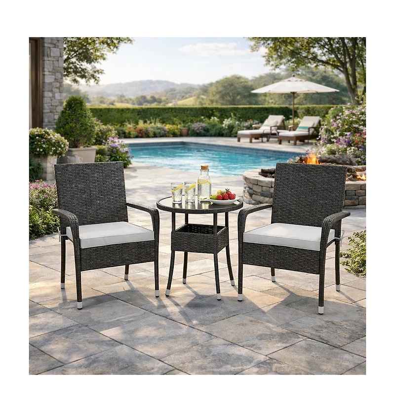 Gouun 3-Piece Outdoor Wicker Bistro Set with High-Back Chairs and Glass Table