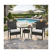 Gouun 3-Piece Outdoor Wicker Bistro Set with High-Back Chairs and Glass Table