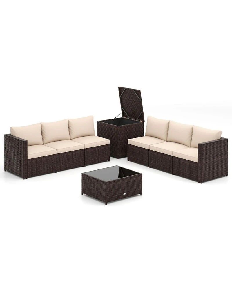 Gouun 8-Piece Outdoor Pe Rattan Patio Conversation Set with 50-Gallon Storage Box and Glass Coffee Table