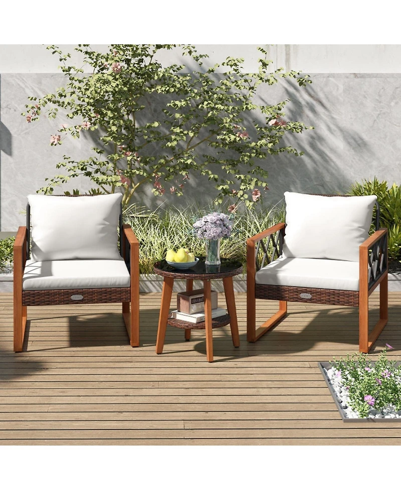 Gouun 3 Piece Patio Furniture Set with Pe Wicker Chairs, Acacia Wood Trim and 2 Tier Glass Top Table