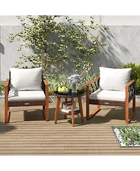 Gouun 3 Piece Patio Furniture Set with Pe Wicker Chairs, Acacia Wood Trim and 2 Tier Glass Top Table