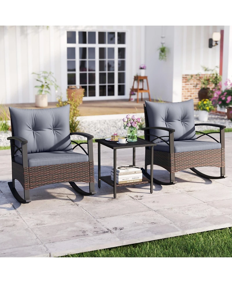 Gouun 3 Piece Outdoor Rocking Bistro Set with Pe Wicker Rocker Chairs and Acacia Wood Top Table
