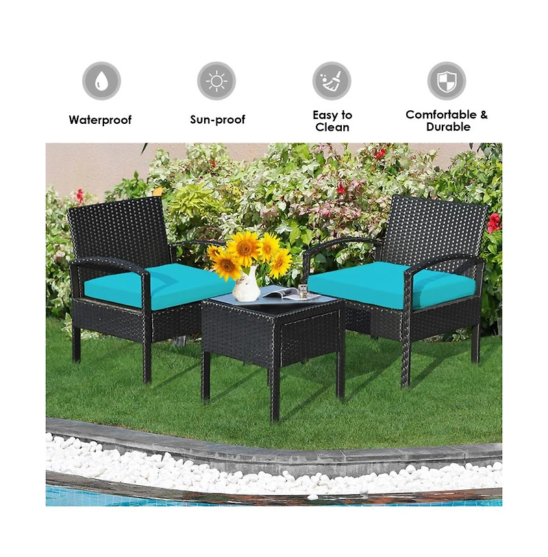 Boyel Living 3 Pieces Outdoor Rattan Patio Conversation Set with Seat Cushions