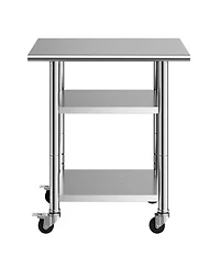 Hongge Compact Kitchen Prep Table 24 x 30 in Stainless Steel with Two Storage Shelves and Wheels