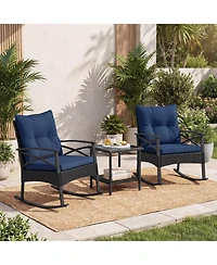 Gouun 3-Piece Outdoor Rattan Rocking Chair Set with 2-Tier Side Table