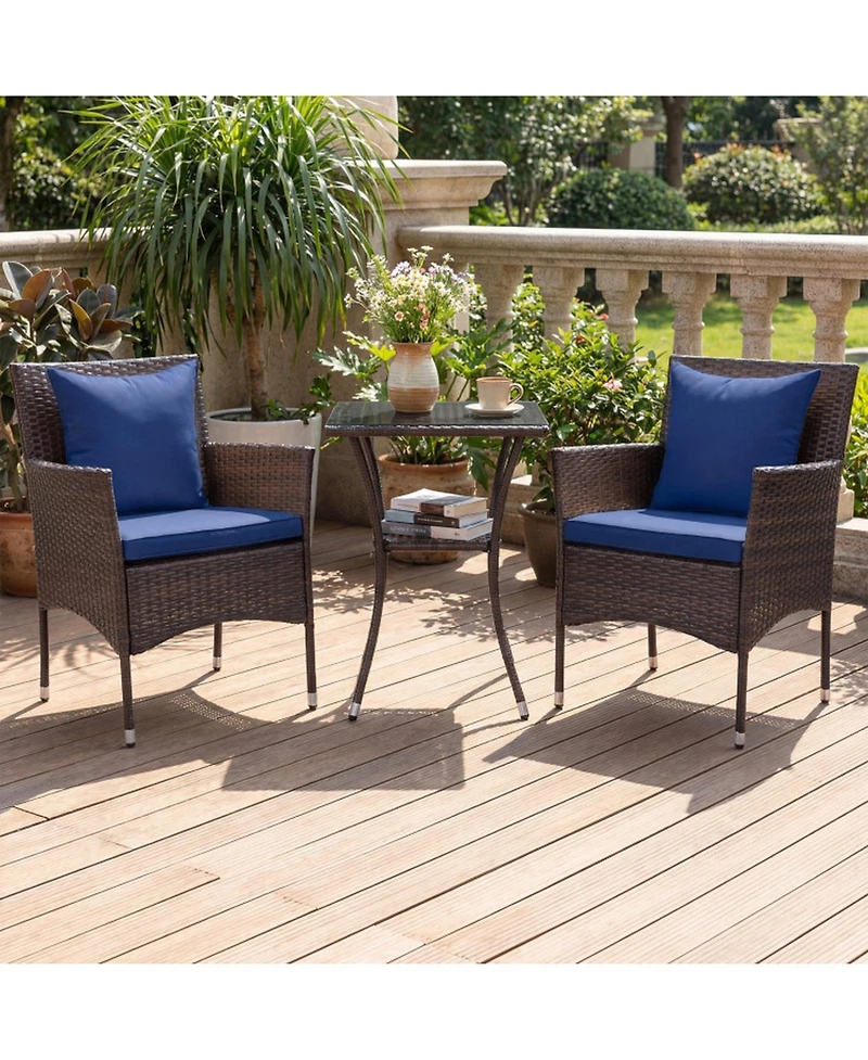 Gouun 3-Piece Rattan Bistro Chair Set with 2-Tier Tempered Glass Side Table