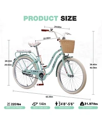 ECHTPeak 24 Inch Cruiser Bike for Girls, with Wicker Basket and Rear Rack, Speed Commuter Bicycle, High Carbon Steel Frame, for Outdoor Riding