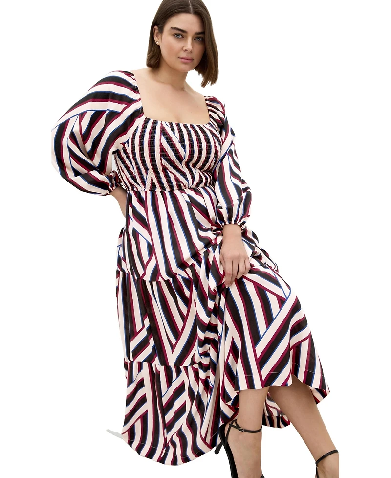 City Chic Plus Long-Sleeve Stripe Shirred Maxi Dress
