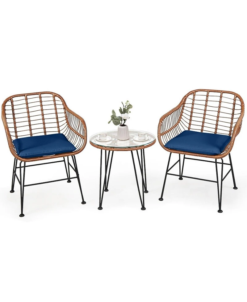 Gouun Outdoor Rattan Bistro Conversation Set with Round Glass Side Table