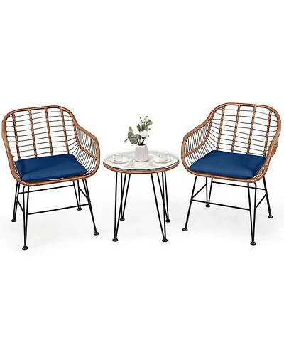 Gouun Outdoor Rattan Bistro Conversation Set with Round Glass Side Table